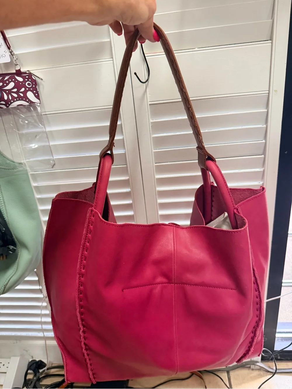 The Sak Pink Leather Tote with Tan Shoulder Straps
